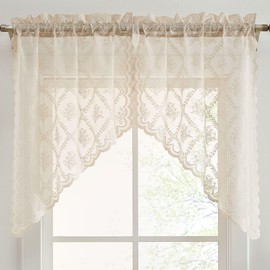 HLC.ME Isabella Floral Rod Pocket Lace Short Cafe Swags for Small Windows - 28 x 36 Inch Length (Taupe Swags, Set of 2)