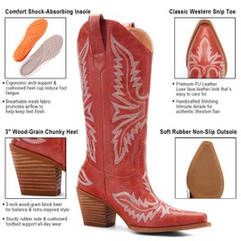 Orlynx Red Cowgirl Boots for Women – Western Mid-Calf Cowboy Boots, 3-Inch Heel, Pointy Toe Fashion Embroidered Ladies Boots, size 10