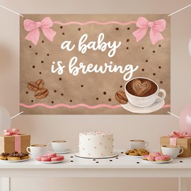 A Baby is Brewing Baby Shower Backdrop Coffee Baby Shower Decorations Brown Pink Bow Coffee Beans Vinyl Photography Background for Girl Boy Gender Reveal Pregnancy Announcement Supplies 5 * 3ft