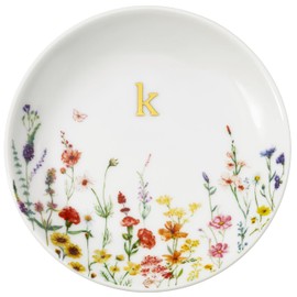Crisky Initial Jewelry Tray Ring Dish & Gift Box, Ceramic Flower Trinket Dish for Rings Earrings Necklaces Keys, Bridal Shower Engagement Birthday Gift for Women, Friends 4.57" (Gold Foil K