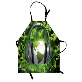 Ambesonne World Apron, World of Music Themed Composition DJ Headphones Musical Notes and Earth Globe, Small Apron Bib with Adjustable Ties for Baking Painting, Small Size, Lime Green Grey