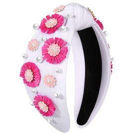 NVENF Raffia Flower Headbands Summer Headband for Women Boho Straw Rattan Floral Knotted Headbands Colorful Summer Hair Accessories Beach Vacation Outfits Gifts (Flower C - Pink)