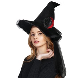 CrosCentury - Sombrero de bruja negro para mujeres adultas, sombrero de mago, accesorios de Halloween, disfraz de bruja fruncida para mujer (negro y rojo)