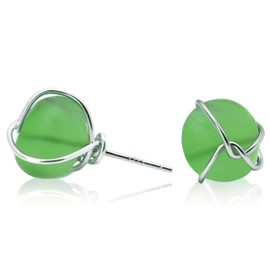 PEPELUALI Sea Glass S925 Silver Stud Earrings Jewelry Beach Glass Earrings Weddings Valentine Birthday Gift For Her Ocean Earrings Gift for Women (Green)