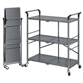Rolling Utility Cart Folding Cart with Wheels - 3 Tier Collapsible Metal Cart, Large Capacity