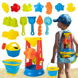 UNIH Collapsible Beach Toys for Kids,Sandbox Toys with Beach Buckets,Mesh Bags,Sand Molds,Sand and Water Wheel Tower,Beach Sand Toys for Toddlers Kids Ages 3-10