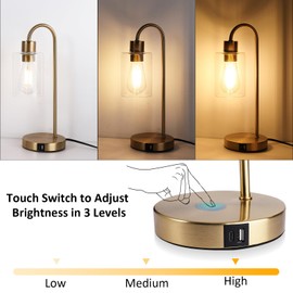 QHANTOMIZE Gold Table Lamp with USB Port, 3 Way Dimmable Touch Control Bedside Lamp, Modern Nightstand Lamp with Glass Shade, Industrial Table Lamp for Bedroom Office, USB A & C, LED Bulb Included