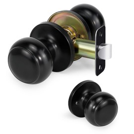 LOQRON Passage Door Knob, Non-Locking Interior Door Lock, Round Handles for Right and Left Side Hallways, Closet Knobs Keyless Hardware, Matte Black,1 Pack