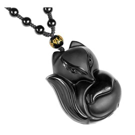 CrystalTears Natural Genuine Obsidian Lucky Fox Amulet Pendant Necklace Adjustable Woven Rope Beads Hanging Ornament Protection Crystal Jewellry Gift for Men Women