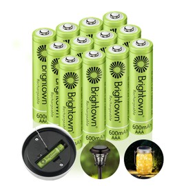 Brightown 12-Pack Rechargeable AAA Batteries, 600mAh NiMH Precharged Triple A Solar Batteries for Solar Lights and Household Devices, Low-self Discharge, Up to 1200 Cycle Times, UL Certified, 1.2V