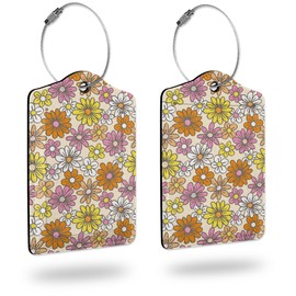 2 Pack Luggage Tags for Suitcases,Vintage Hippie Daisy Sunflower Leather Cruise Suitcases Tag with Stainless Steel Loop Privacy Cover Travel Bag Tags Luggage Identifiers for Women Girl Suitcase
