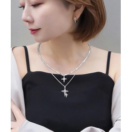 Mesaro Women's Stainless Steel Double Cross Broken Silver Necklace, North Star, North Star, Moonstone, Sequins, Hematite, Irregular, Straight, Unique, Elegant, Platinum, Hypoallergenic, Gift,