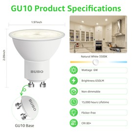 BUBO GU10 LED Bulb 6W Equivalent 50W, 3500K Natural White 650 Lumens, Non-Dimmable GU10 Bulb Replacement for Track Lighting, MR16 LED Bulb for Kitchen, Range Hood, Living Room, Bedroom, 6 Pack