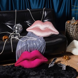 Ashler 3D Upgraded Glossy Velvet Lip Shape Throw Pillow, Delicately Soft, Glossy Shimmering and Brilliant with Velvet Backing for Sofa, Bed and Living Room, Pink, 24 X 12 Inches