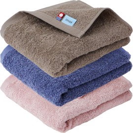 imaa Imabari Towel, Certified Big Face Towel, Fluffy, Thin, Absorbent and Quick Drying, Made in Japan, 100% Cotton, Vacuum Compressed Pack (Light Brown x Navy x Pink)