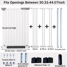 Rgqphantom 51.18" Extra Tall Safety Pet Gate,30.31"-44.07" Auto Close Cat Gate Include 2.75" and 2*5.5" Extension Kits, Suitable for Stairs,Doorways, No Drilling Pressure Mount Kit, White (51.18inch)