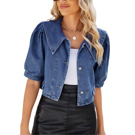 Lingjiazi Women's Cute Puff Short Sleeve Denim Crop Top Slim Cropped Jean Jacket(0800-Blue-L)