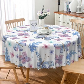 TTQYFNM Butterfly Floral Round Tablecloth 36 Inch Watercolor Blue Pink Butterfly Flower Print Pattern Table Cloth Spill Proof Oil Proof Fabric Table Cover for Kitchen Dining Room Patio Home Decor