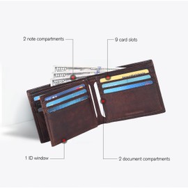 Real Leather Bifold Wallet for Men - Wallets with 9 Credit Cards 1 ID Window Slim Minimalist Front Pocket Billfold