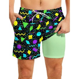 CHILL·TEK Mens Swim Trunks with Compression Liner Vintage 80s Swimming Shorts 5'' Inseam Quick Dry Beach Shorts with Pocket