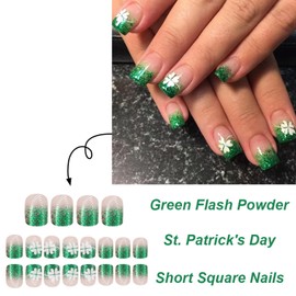 St. Patrick's Day Press on Nails Short Square Fake Nails White Shamrock Glue on Nails Green Glitter French Tips False Nails Irish Artificial Nails Acrylic Stick on Nails for Women 24Pcs