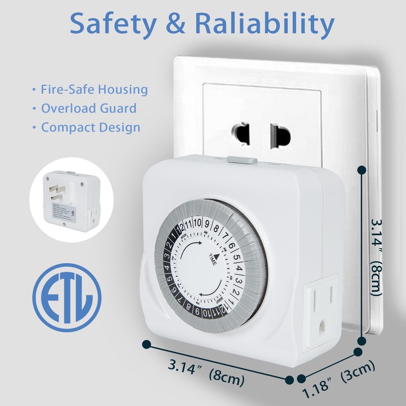 C-GLNKY 24-Hour Mechanical Timer for Electrical Outlets, Dual 3-Prong Outlets,