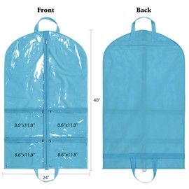 KEEGH CLear Garment Bags for Dance Costumes 40 inch Dance Garment Bags for Dancers Hanging Clothes for Closet Storage, with 4 Zipper Pockets for Dance Competitions, Ballet, Theatre, 2 Pack, Blue