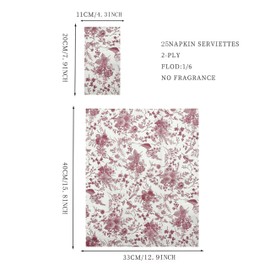 WRAPAHOLIC 25Pcs Burgundy Floral Guest Napkins - Guest Disposable Hand Towels for Bathroom, Bridal and Baby Shower, Tea Party, Garden Party, Birthday Party - 4.3 x 7.9 In