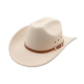 Cowboy Hat for Men Western Cowgirl Hat for Women Unisex Wide Brim Felt Fedora Hats Classic Flat Top Hats with Buckle Belt (US, Alpha, Medium, Beige)