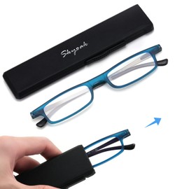 SKYOAK Ultra thin Lightweight Folding Reading Glasses Women Men TR90 Blue Light Blocking Anti UV/Eyestrain Foldable Compact Computer Readers Portable Unique Stretchable Slim Flat case Blue +2.25