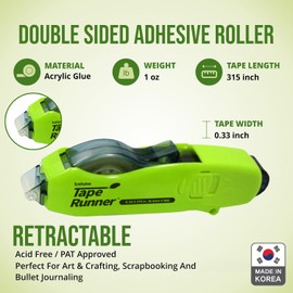 TAPE RUNNER - Double Sided Adhesive with Dispenser Roller Included - Acid Free, Sticky, Transparent - Ideal for Scrapbooking, Crafts & More - Retractable (315 inches per Cartridge), 5 Cartridges