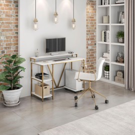 Techni Mobili Computer Desk - Industrial Writing Desk with Storage Shelves, Monitor Stand, & Accessory Holder - Home Office Laptop Computer Table with CPU Caddy & 2-Tier Small Bookshelf Space