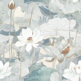 Safiyya Peel and Stick Wallpaper Light Green Floral Lotus Contact Paper Peel and Stick 17.3"x 197" Wall Paper Self Adhesive Removable Wallpaper for Bedroom Bathroom Vinyl Roll