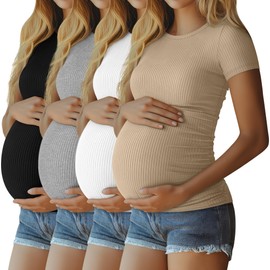 Neer 4 Pack Women's Maternity Shirts Ribbed Short Sleeve Maternity Tops Crew Neck Cotton Tee Side Ruched Pregnancy Clothes(Black, Light Gray, White, Khaki,Large)