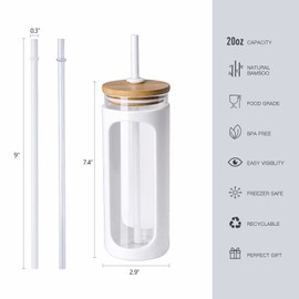 Kodrine 20oz Glass Water Bottle with Straw and Lid,Bamboo Lids Water Tumbler, Iced Coffee Cup Reusable, Wide Mouth Smoothies Cup, Straw Silicone Protective Sleeve BPA FREE-White+Amber-2pack