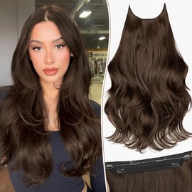 KooKaStyle Invisible Wire Hair Extensions Long Straight Layered Synthetic with Transparent Wire Adjustable Size 6 Secure Clips Hairpieces for Women 20 Inch (20 Inch, Medium Brown6/10#)