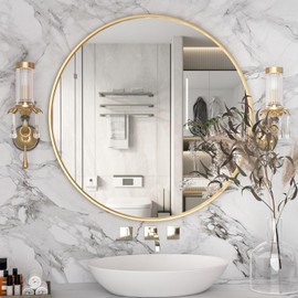 CONGUILIAO Circle Mirror Gold 28 Inch Round Wall Mounted Mirror, Large Bathroom Mirror, Wall Mounted Over Sink Vanity Mirror for Living Room Washrooms Entryways Decor