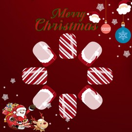 Christmas Press on Nails Short Square Fake Nails with Red White Stripes Glitter Designs Santa Hat French Tip Glue on Nails Xmas False Nails Press ons Acrylic Stick on Nails for Women Girls 24 Pcs