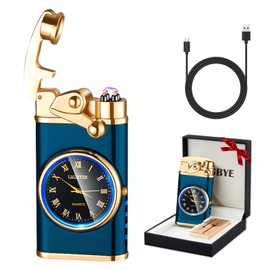 RSBYE Electric Lighter USB Rechargeable Lighter, Windproof Dual Arc Plasma Lighter Lighter, Flameless Electronic Cool Lighters with LED Battery Indication for Men (Blue Clock)