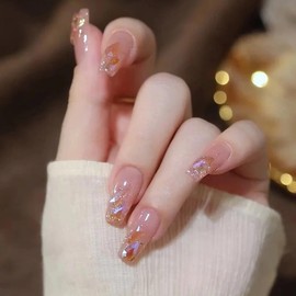 Nail Tip, Long, 24 Pieces, Nail Tip, False Nail, Gradient, Pink, Silver Foil, Skin Color, 3D Nail Sticker, Popular, Japanese Style, Cute, Simple, Fashionable Party, Nail Tip, Autumn, Spring, Summer,