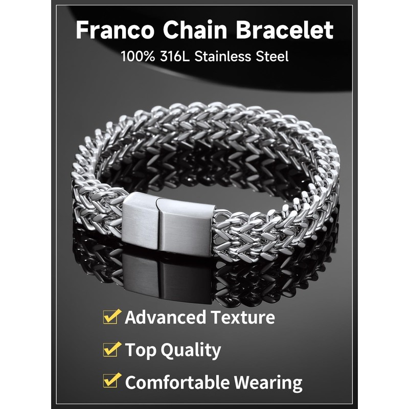 ChainsHouse Mens Chain Bracelet, 316L Stainless Steel Franco Bracelet, Cuban