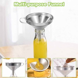 3pcs Stainless Steel Funnels - Kitchen Mini Funnel Set with a Clip-Ring and Handle, for Transferring Liquid, Fluid, Cooking Oils, Jam & Powder with 2 Brush