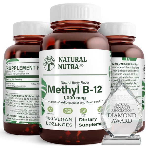 Natural Nutra Vegan Methyl B12 1000mcg, Heart Health and Energy Booster Supplement, Gluten Free, 100 Vegan Lozenges