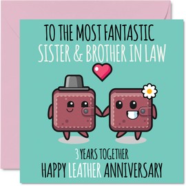 Cute Leather Anniversary Card for Sister & Brother In Law - 3 Years Together - Happy 3rd Wedding Anniversary Cards for Brother In Law Sister, 5.7 x 5.7 Inch Greeting Cards for Third Anniversaries