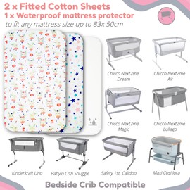 Next to Me Crib Sheets – 3pc Baby Bed Set with 2 Fitted Sheets and 1 Waterproof Mattress Protector – 100% Organic Cotton Fitted Crib Sheet – Selemavi Baby Sheets 83 x 50cm Made in Europe