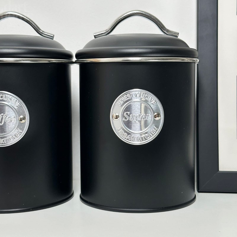 Darthome Black Tea Coffee Sugar Canisters Metal Airtight Lid Kitchen
