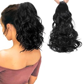 HENSLEELY Wavy Ponytail Extensions Claw 14" Short Curly Pony Tail Clip in Claw Hair Extension Fluffy Black Synthetic Hairpiece for Women(14Inch,1B)