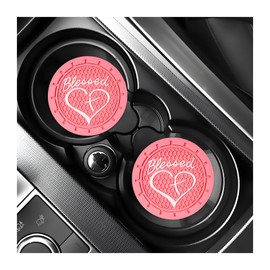 KVAEY 2 PCS Car Cup Holder Coaster, 2.76 Inch Anti Slip Vehicle Drink Mat with Cute Blessed Cross and Heart, Shockproof Cup Holder Coaster for Most Cars, Universal Car Accessories (Pink)