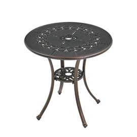 MONDAWE 25" Cast Aluminum Patio Bistro Table, Round Patio Side Table with Umbrella Hole Outdoor Coffee End Table for Porch, Backyard, Bronze