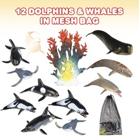 ArtCreativity Dolphins & Whales in Mesh Bag, Pack of 12 Sea Creature Figurines in Assorted Designs, Bath Water Toys for Kids, Ocean Life Party Décor, Party Favors for Boys and Girls